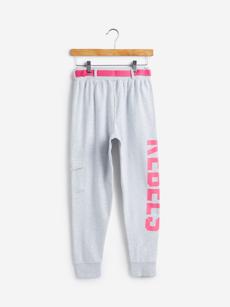 Studiofit Grey Text Print Joggers With Belt