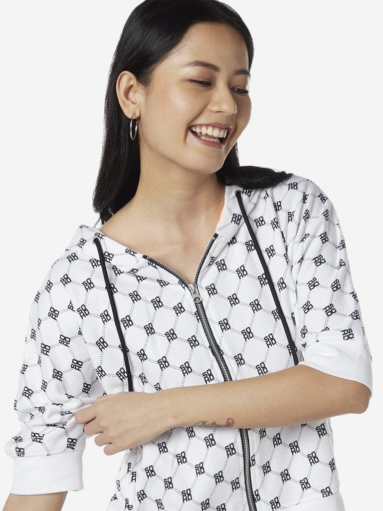 Studiofit Off White Text Print Hooded Jacket