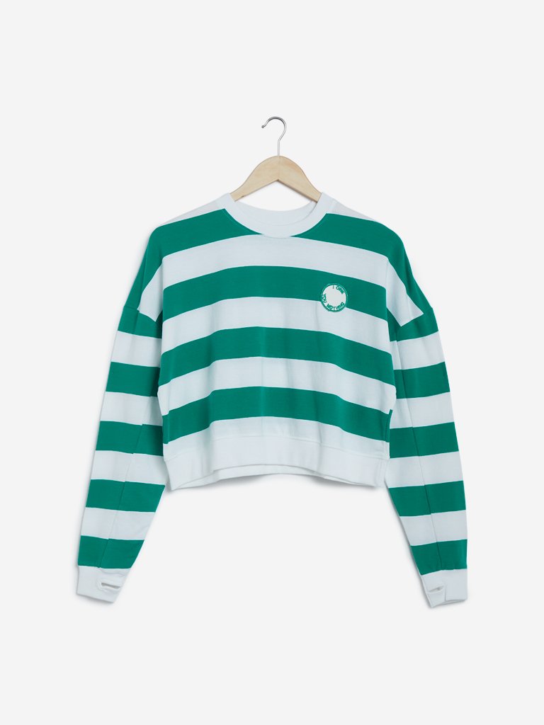 Studiofit Green Striped Crop Knit T-Shirt