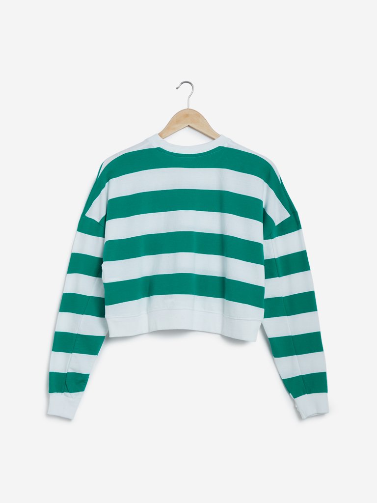 Studiofit Green Striped Crop Knit T-Shirt