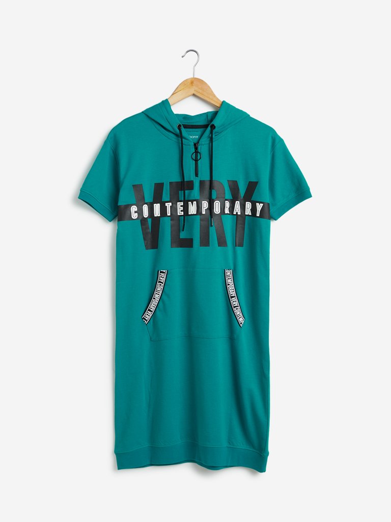 Studiofit Teal Text Printed Dress with a Hood