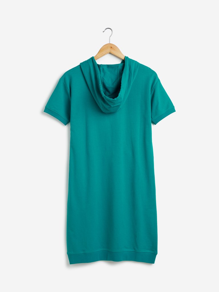 Studiofit Teal Text Printed Dress with a Hood