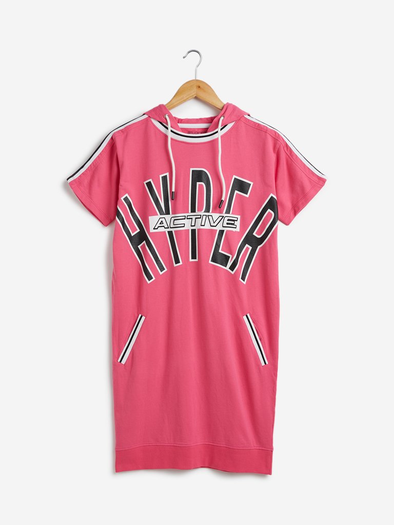 Studiofit Pink Text Printed Hooded Dress