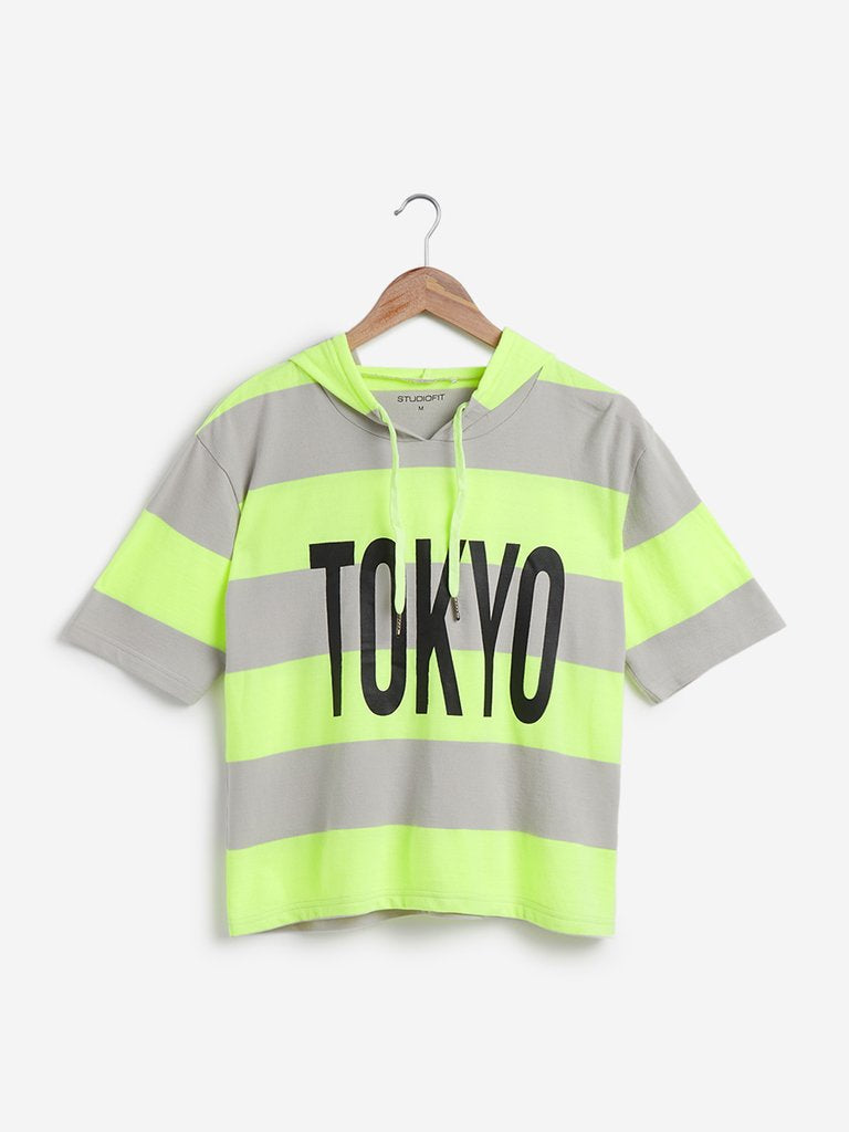Studiofit Neon Green Striped Hooded T-Shirt