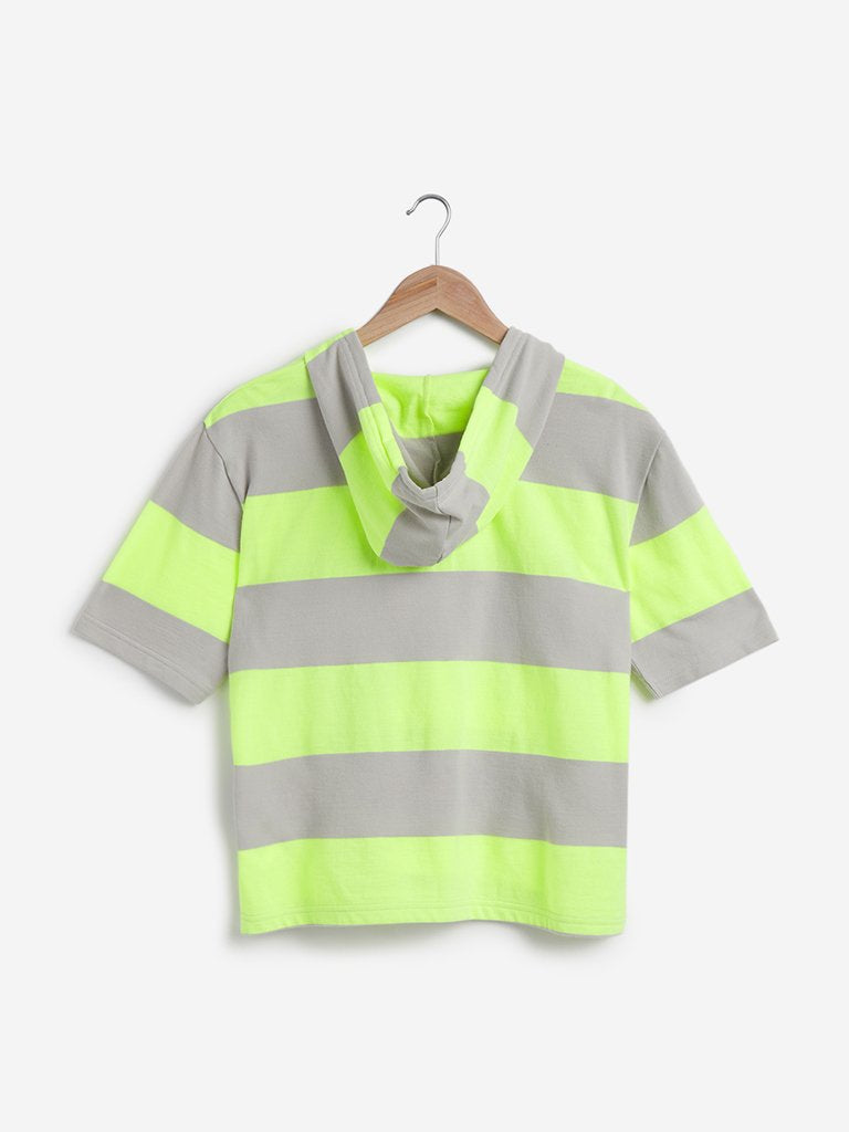 Studiofit Neon Green Striped Hooded T-Shirt