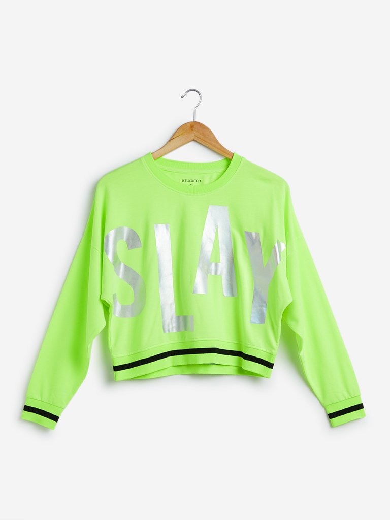 Studiofit Neon-Green Text Print Cropped T-Shirt