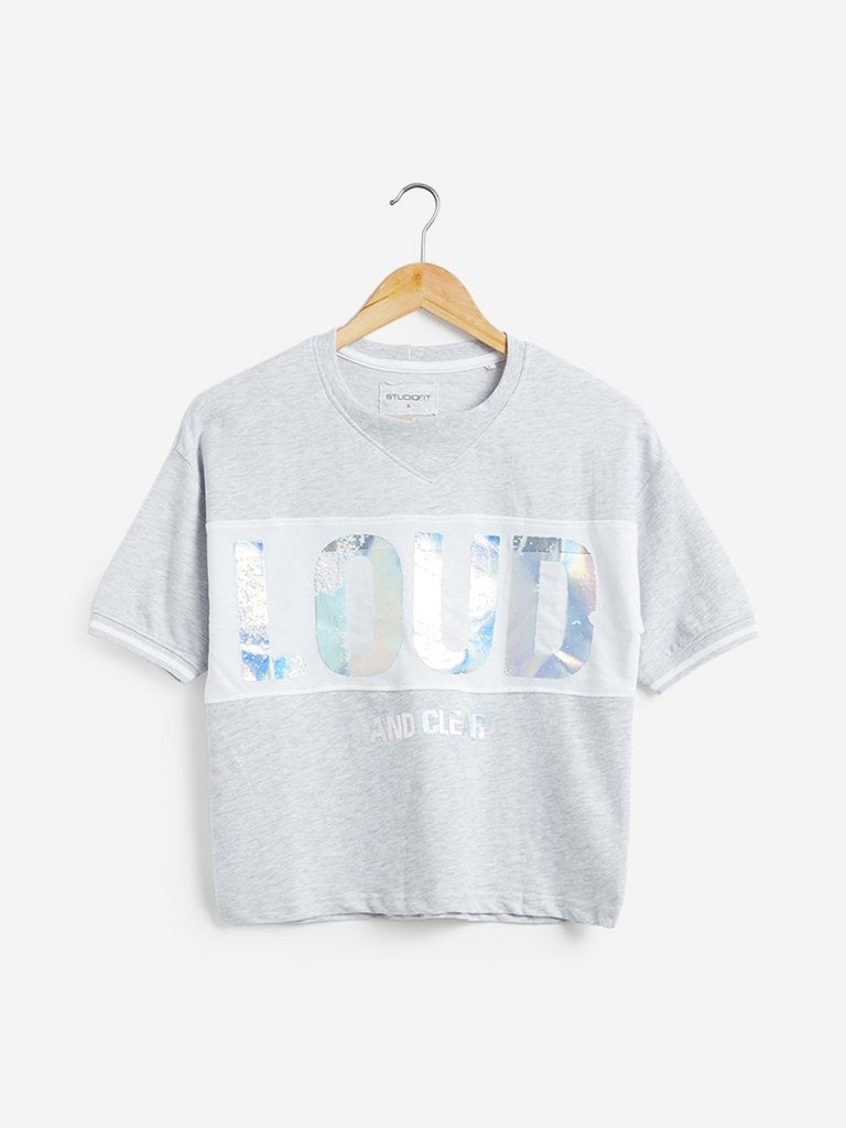 Studiofit Grey Melange Holographic Print T-Shirt
