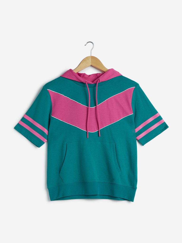 Studiofit Teal Colour-Blocked Hooded T-Shirt