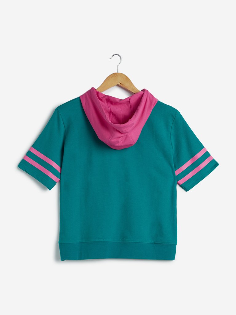 Studiofit Teal Colour-Blocked Hooded T-Shirt