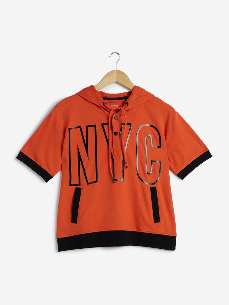 Studiofit Orange Text Print Hooded T-Shirt
