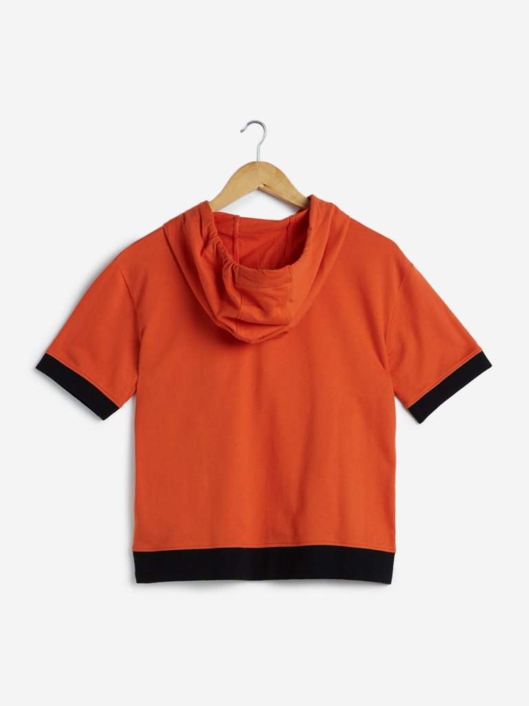 Studiofit Orange Text Print Hooded T-Shirt