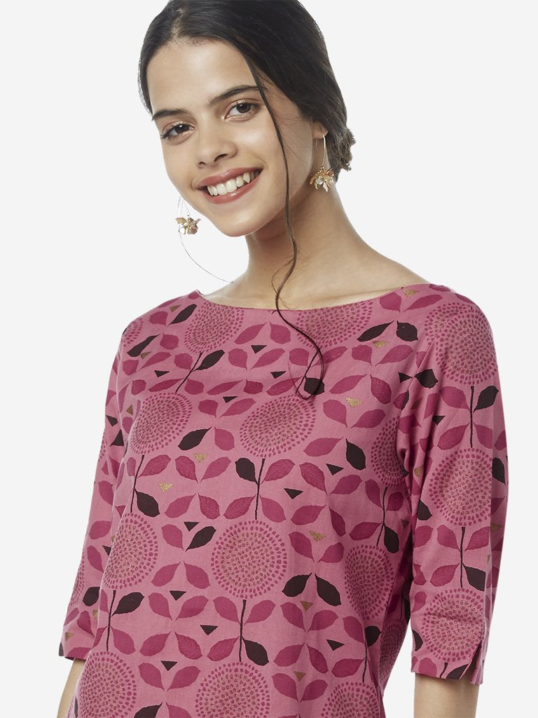 Utsa Pink Floral Print A-line Kurta