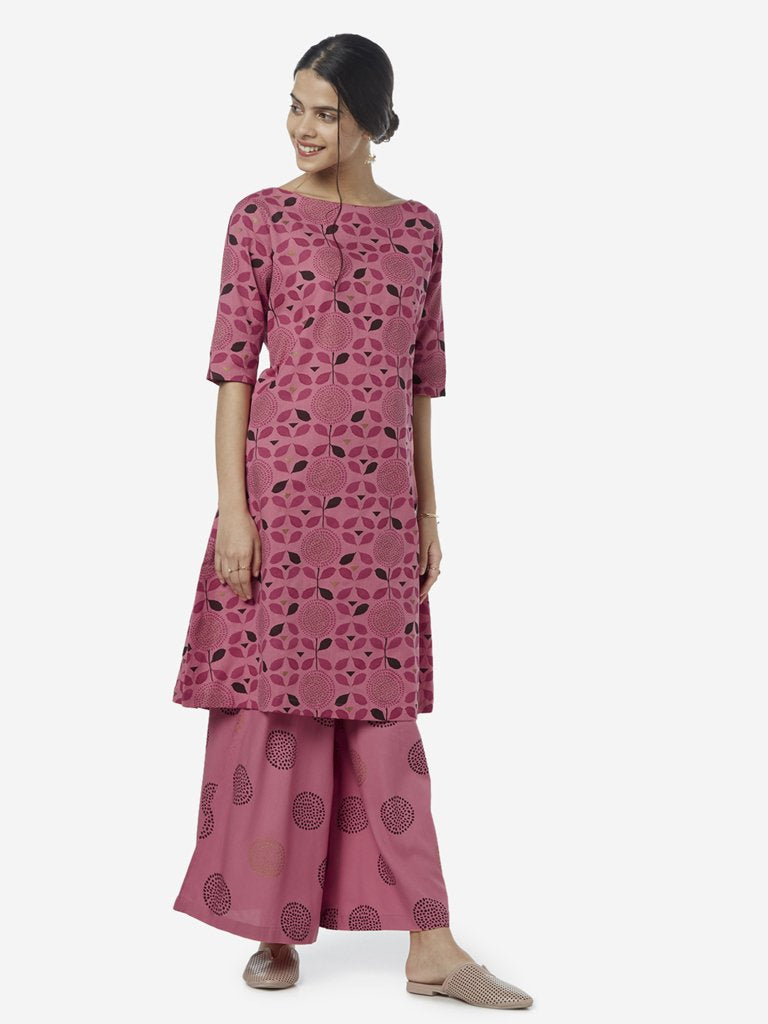 Utsa Pink Floral Print A-line Kurta