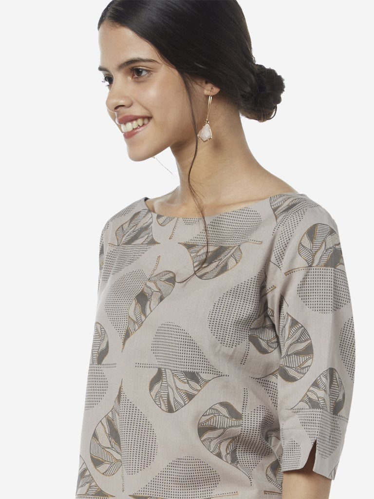 Utsa Grey Leaf Printed Straight Kurta