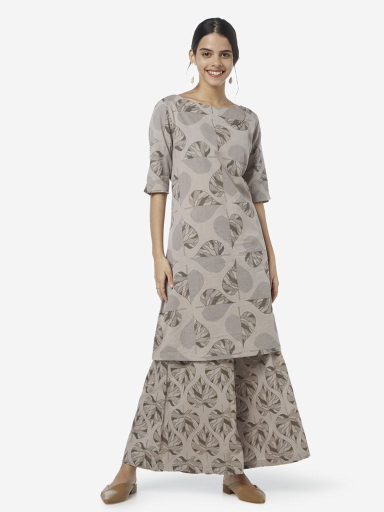 Utsa Grey Leaf Printed Straight Kurta