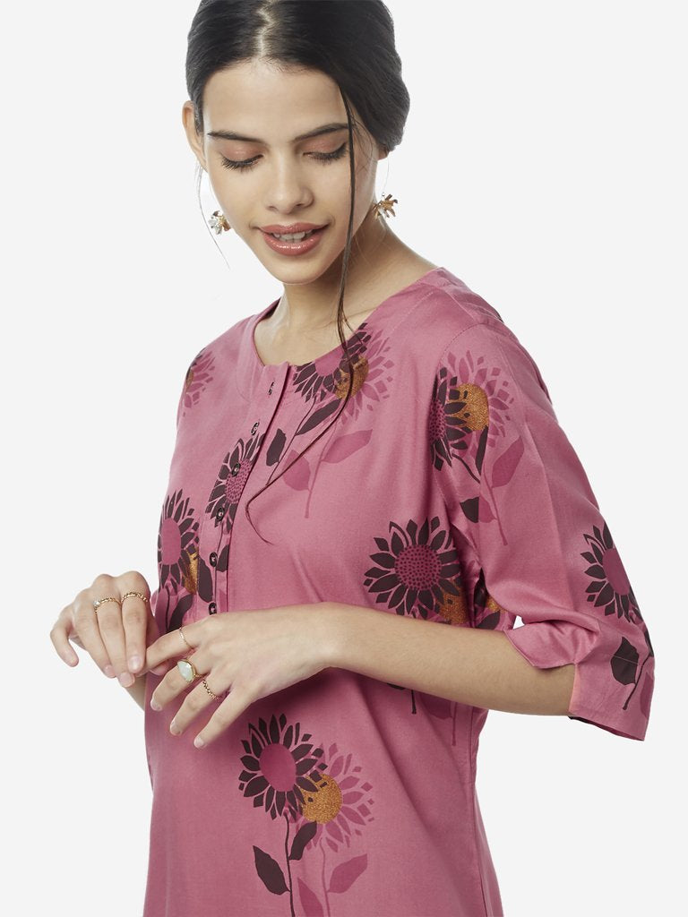 Utsa Pink Floral Print High-Low Kurta