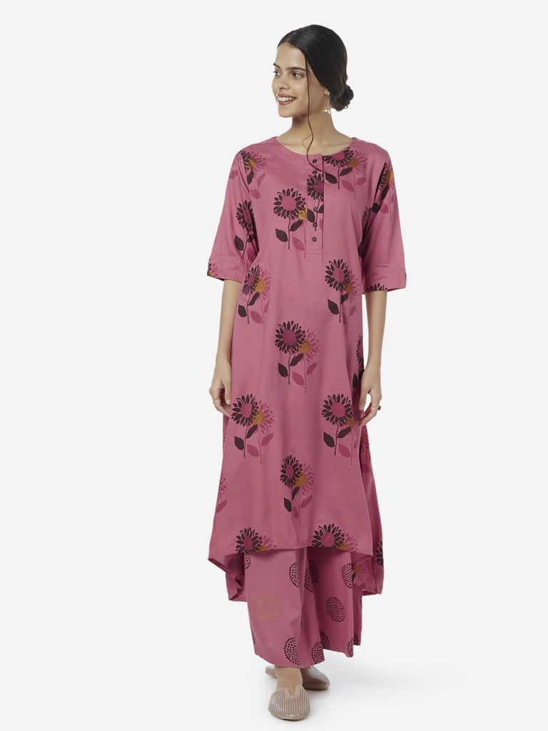 Utsa Pink Floral Print High-Low Kurta