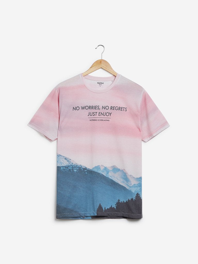 Nuon Light-Pink Landscape Print Slim Fit T-Shirt