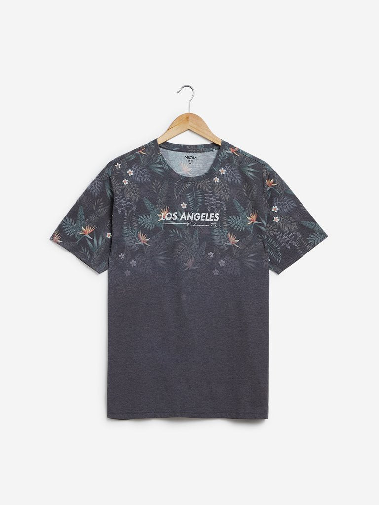 Nuon Grey Floral Printed Slim-Fit T-Shirt