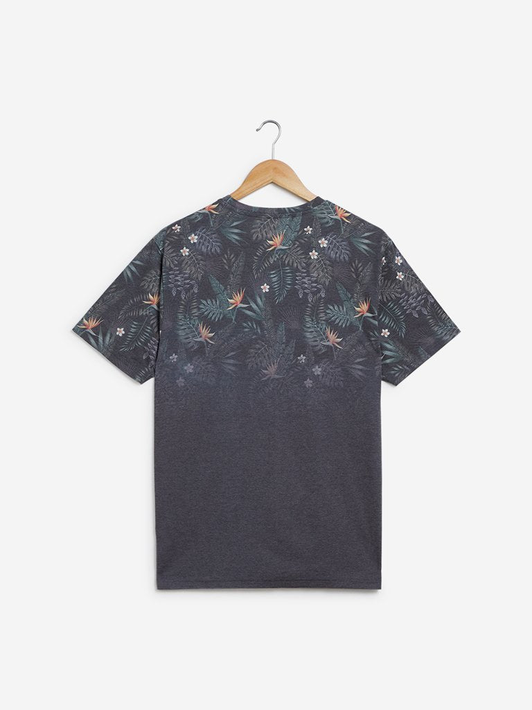 Nuon Grey Floral Printed Slim-Fit T-Shirt