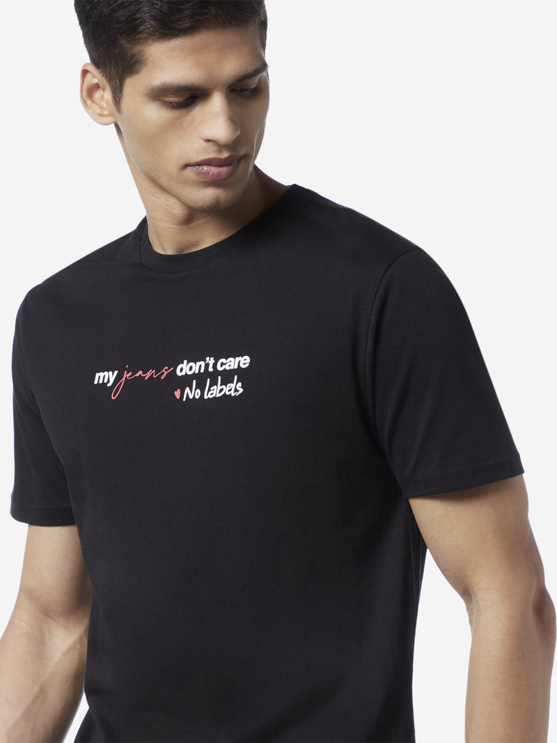Nuon Black Slim Fit Text Pattern T-Shirt