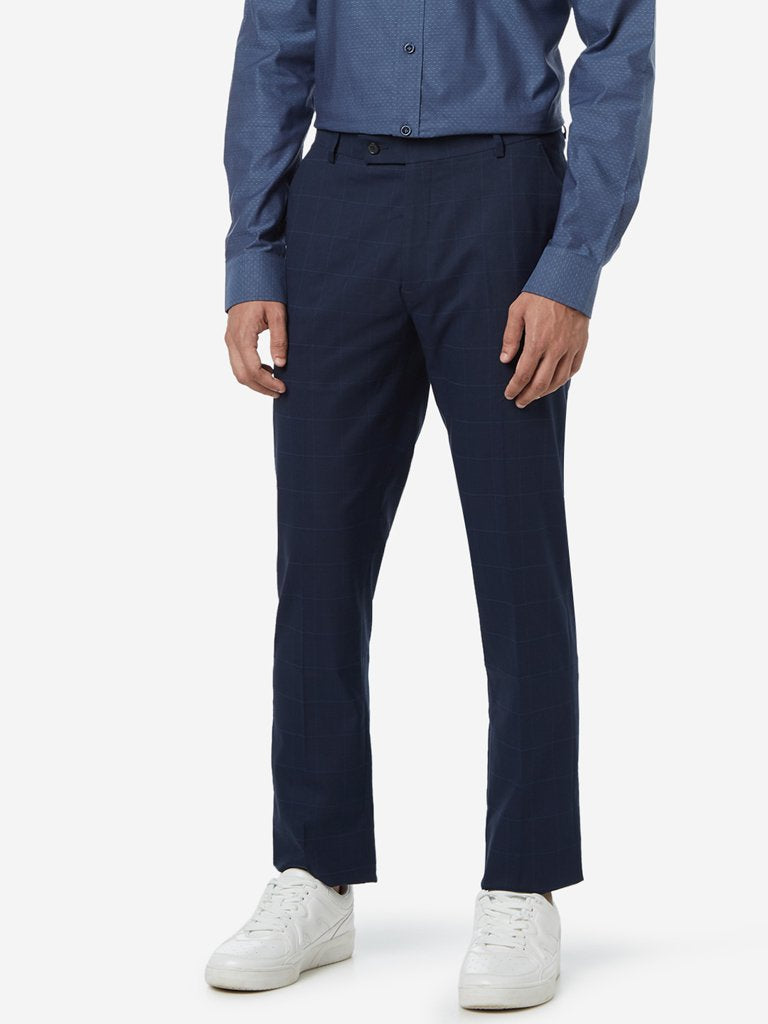 WES Formals Navy Carrot Fit Checkered Trousers