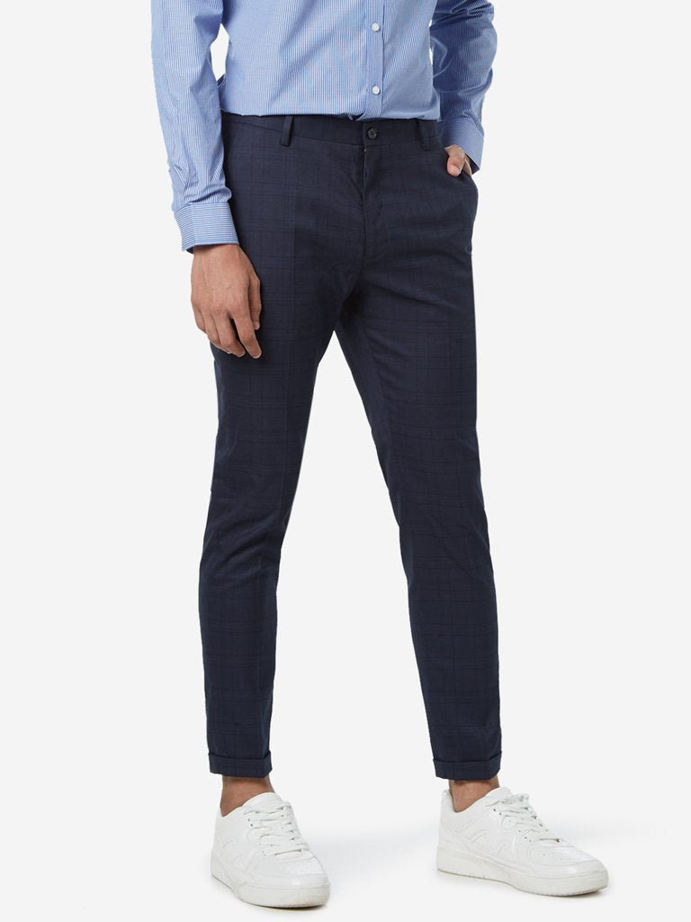 WES Formals Navy Carrot Fit Checked Trousers