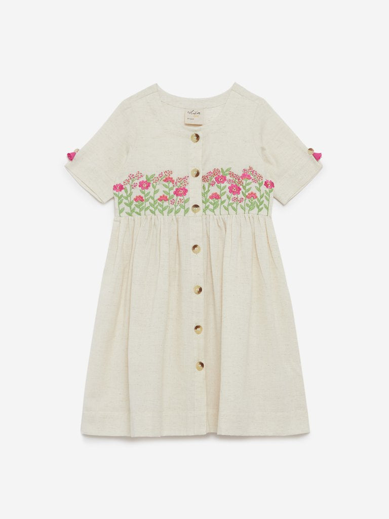 Utsa Kids Off-White Floral Embroidered Dress