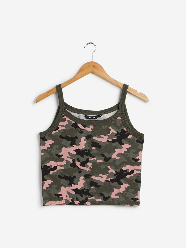 Nuon Khaki Camouflage Print Karen Crop-Top
