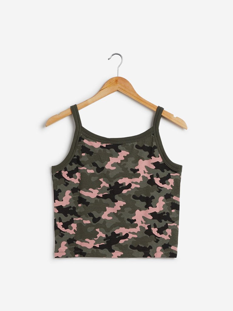 Nuon Khaki Camouflage Print Karen Crop-Top