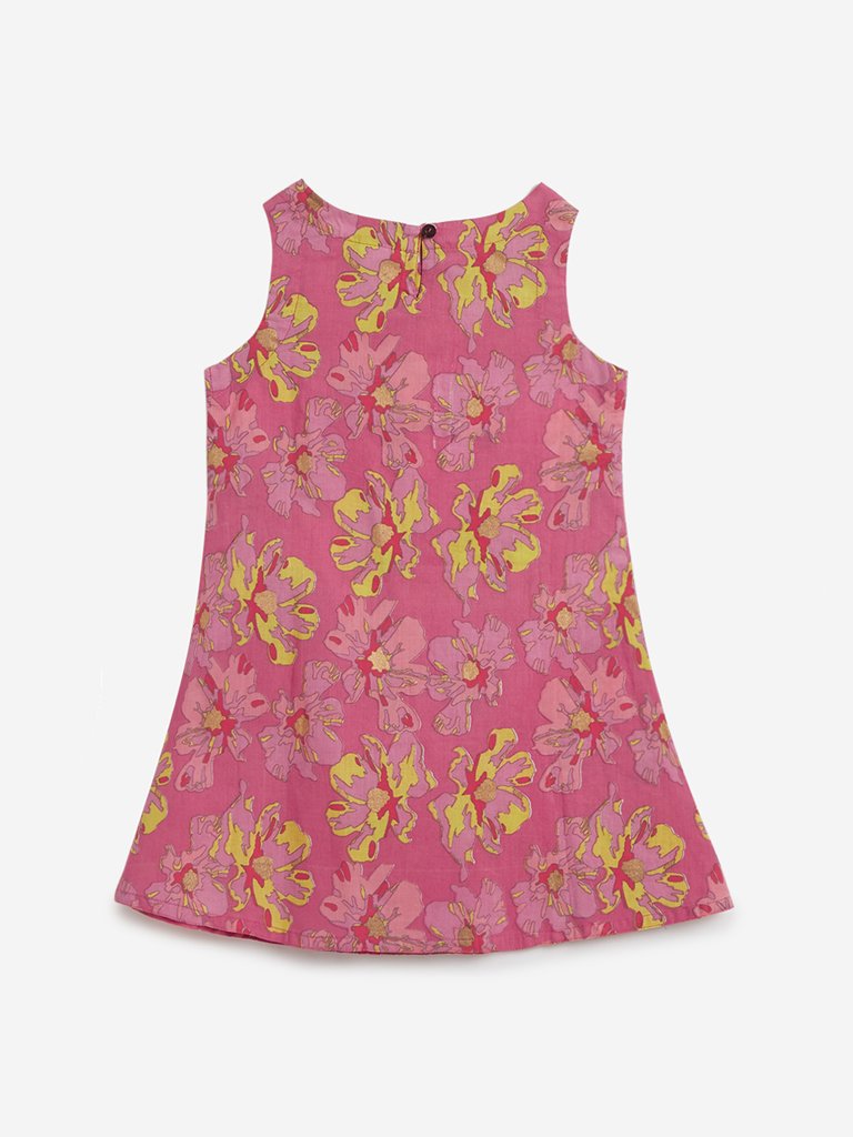Utsa Kids Pink Floral Print A-line Kurta