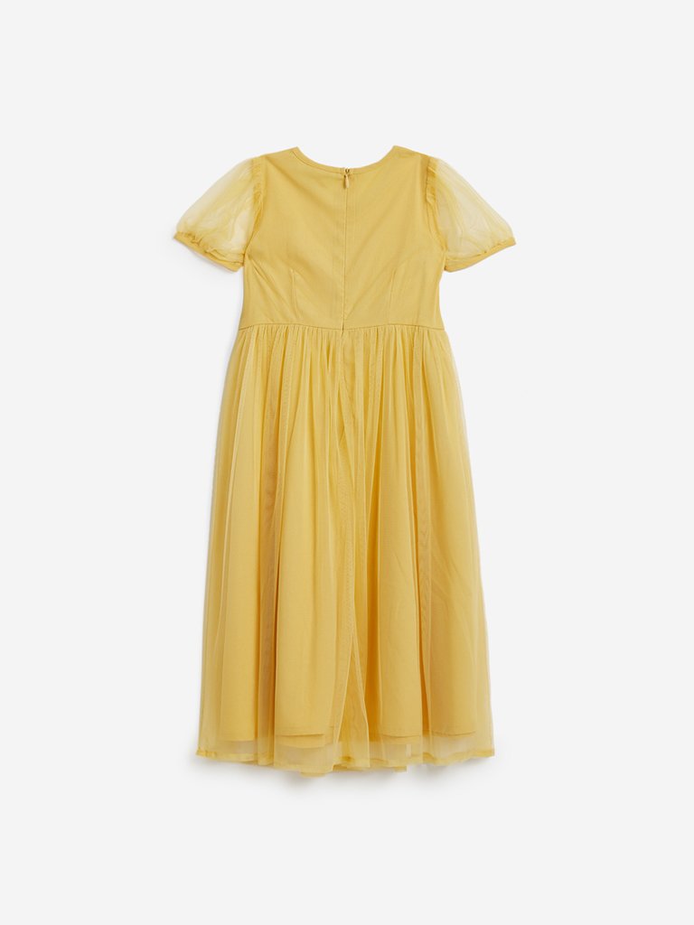 Utsa Kids Ochre Floral Embroidered Maxi Dress