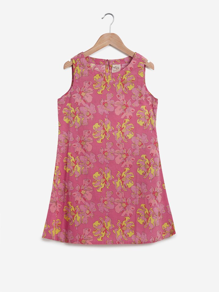 Utsa Kids Pink Floral Print A-line Kurta