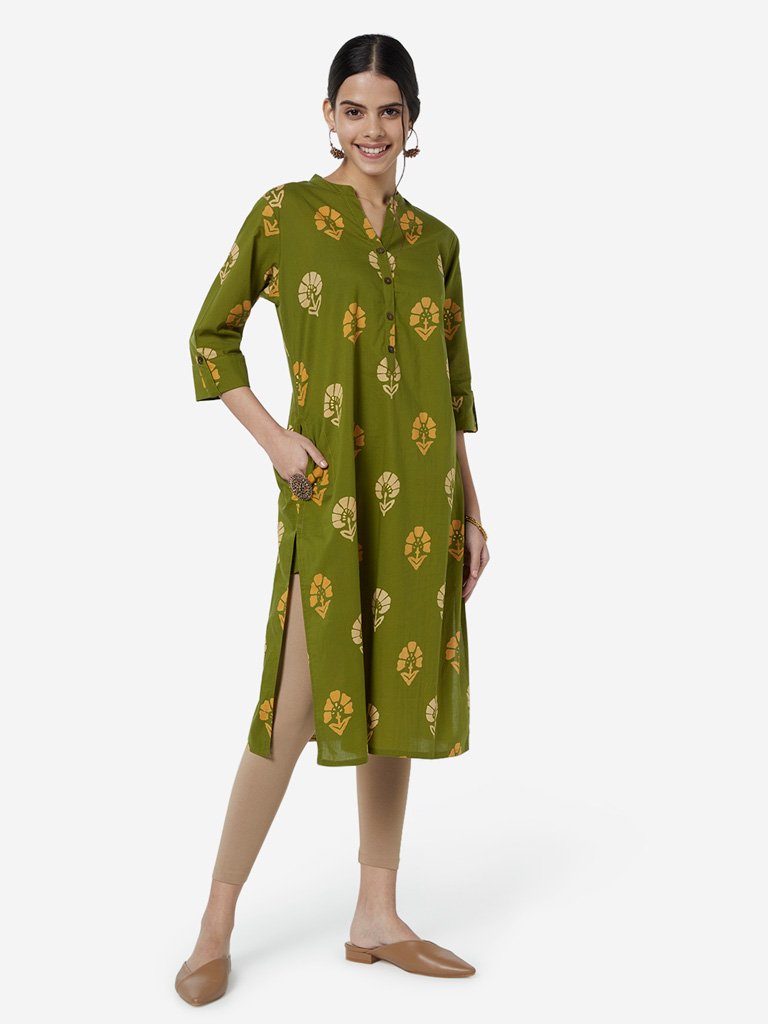 Utsa Green Floral Print Straight Kurta
