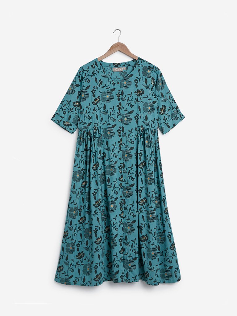 Utsa Blue Floral Design Fit-And-Flare Kurta