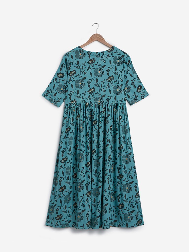 Utsa Blue Floral Design Fit-And-Flare Kurta