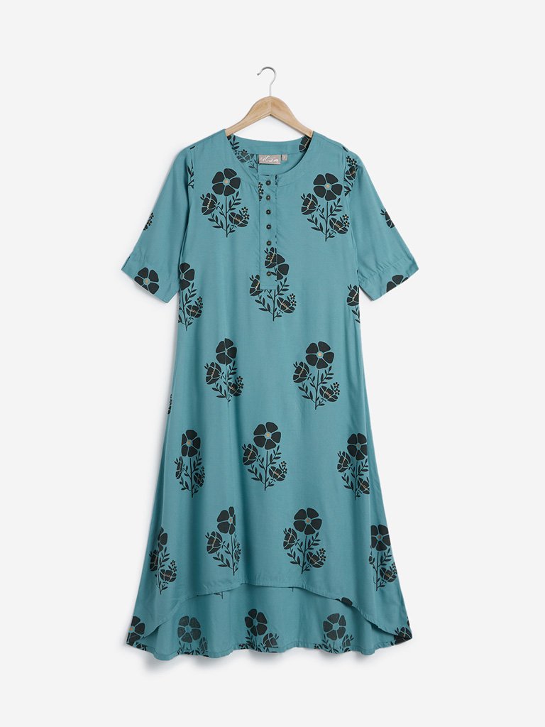 Utsa Blue Floral Pattern High-Low Kurta