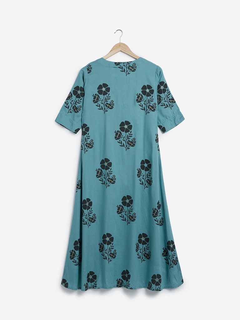 Utsa Blue Floral Pattern High-Low Kurta