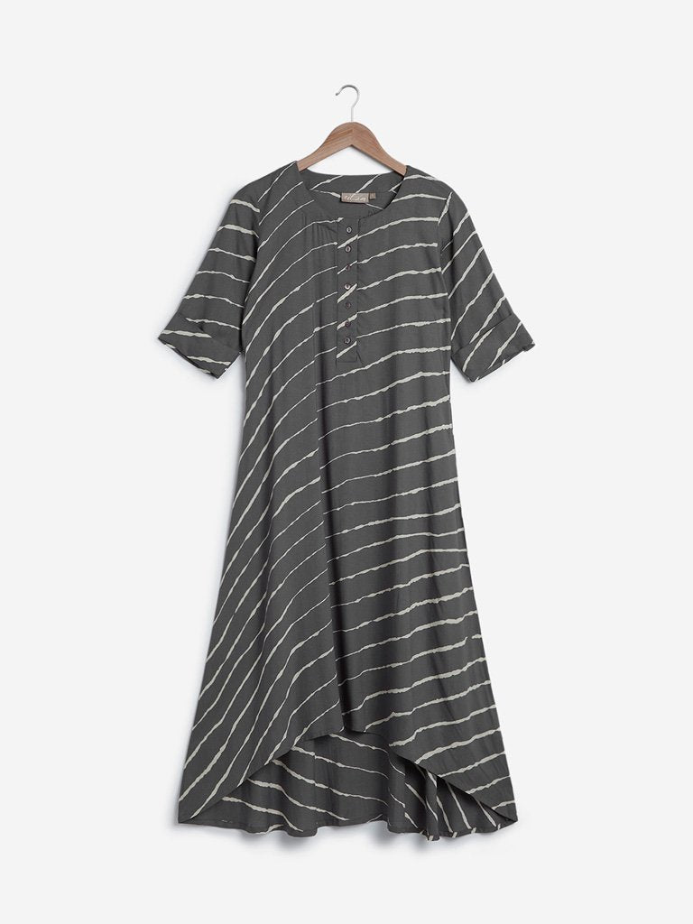 Utsa Charcoal Striped High-Low Kurta