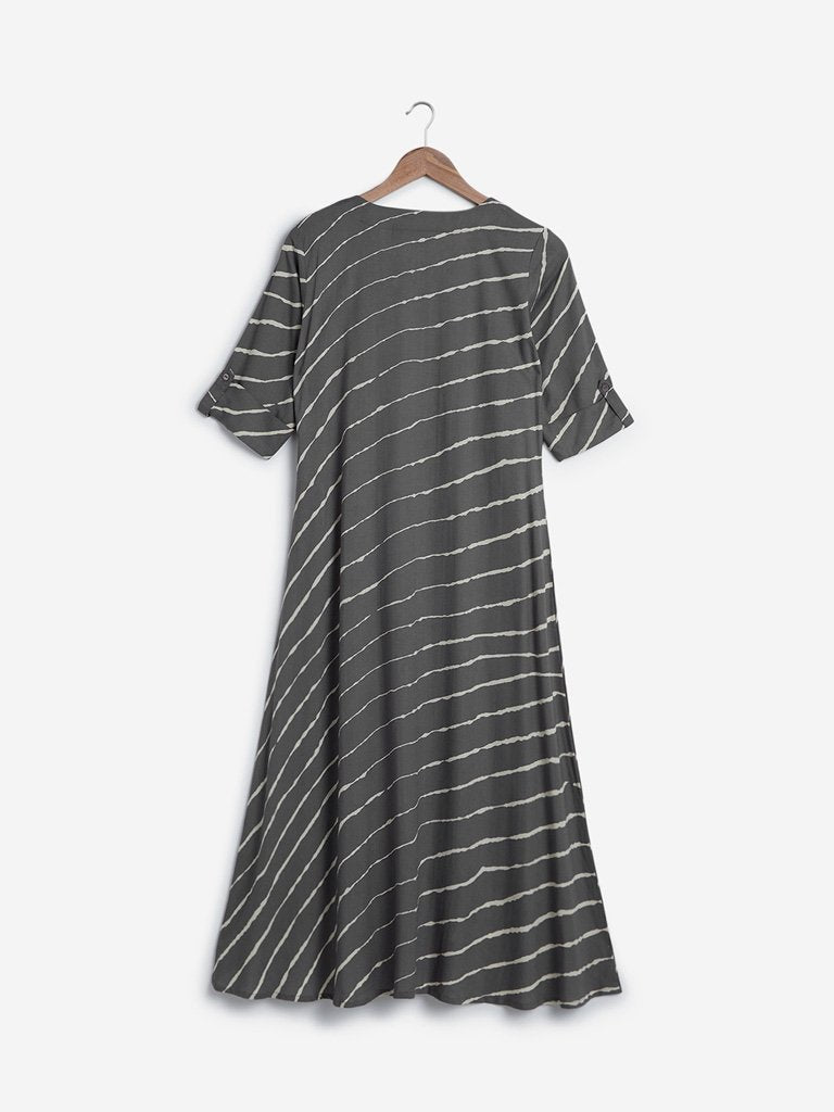 Utsa Charcoal Striped High-Low Kurta