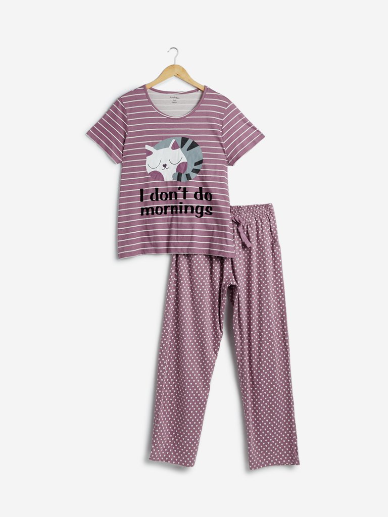 Wunderlove Mauve Cotton T-Shirt And Pyjamas Set