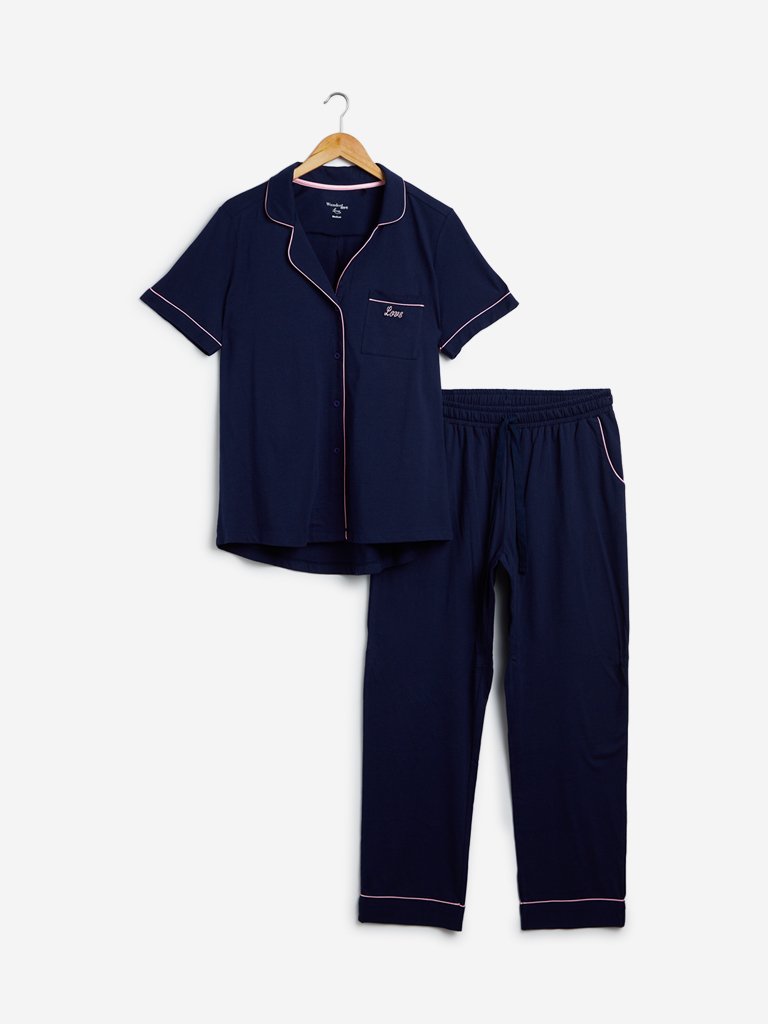 Wunderlove Navy Pure Cotton Shirt And Capris Set