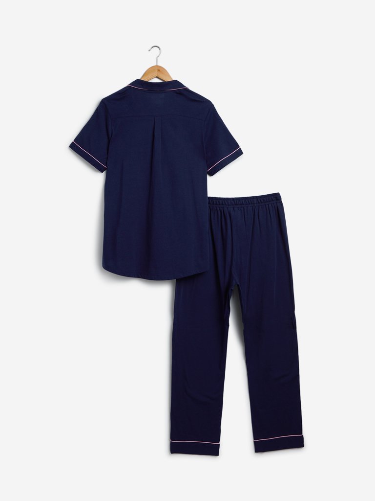 Wunderlove Navy Pure Cotton Shirt And Capris Set