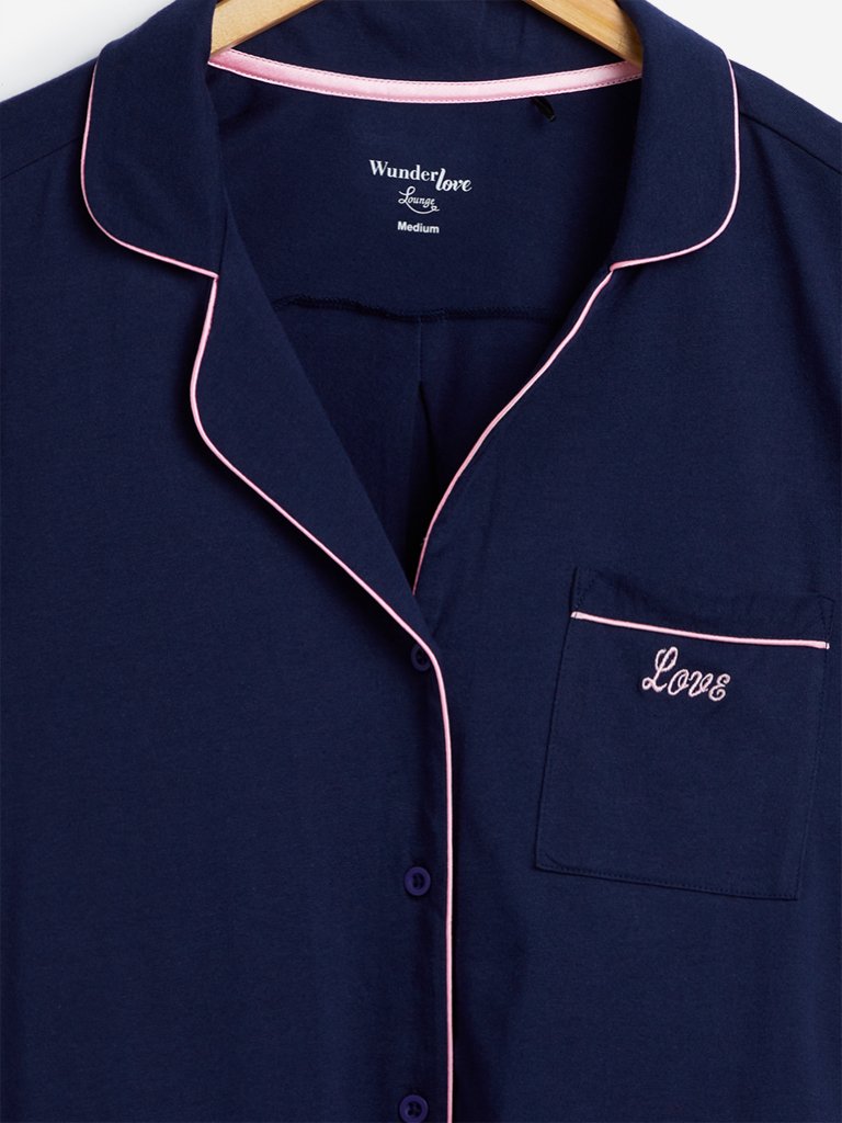 Wunderlove Navy Pure Cotton Shirt And Capris Set