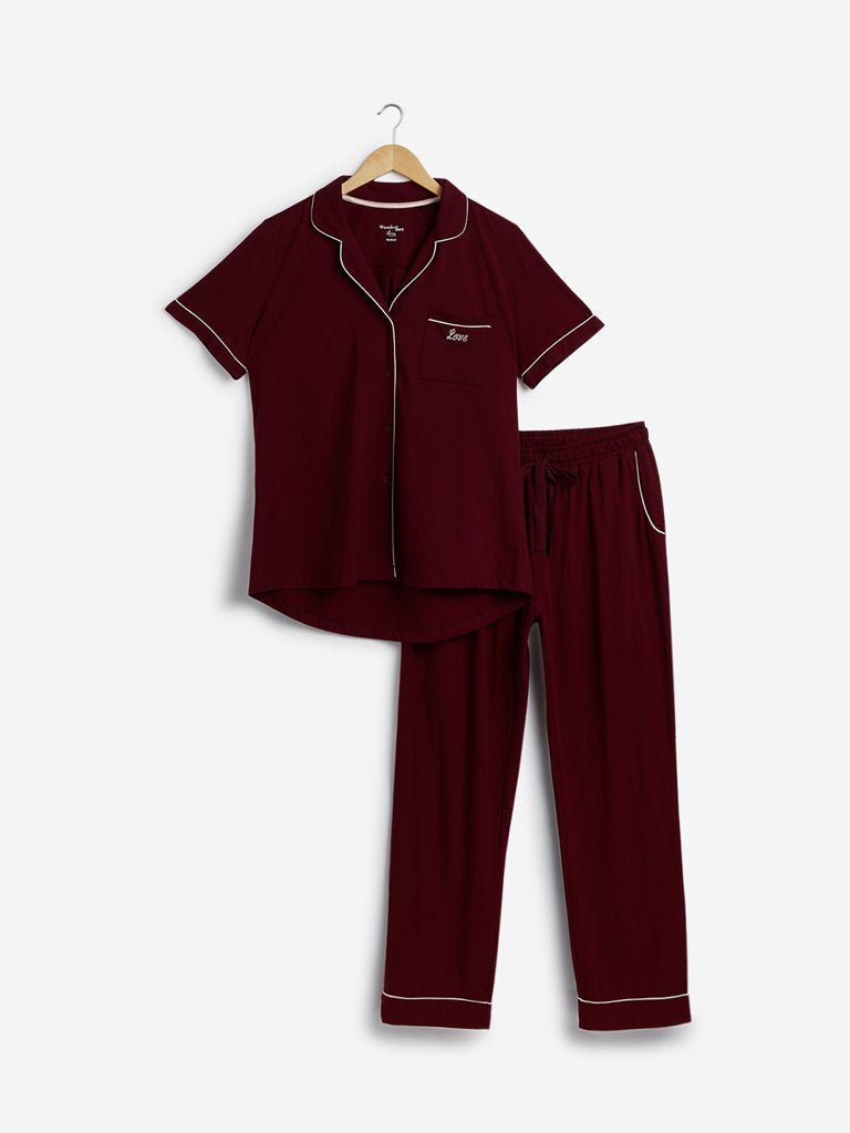 Wunderlove Maroon Shirt And Pyjama Set