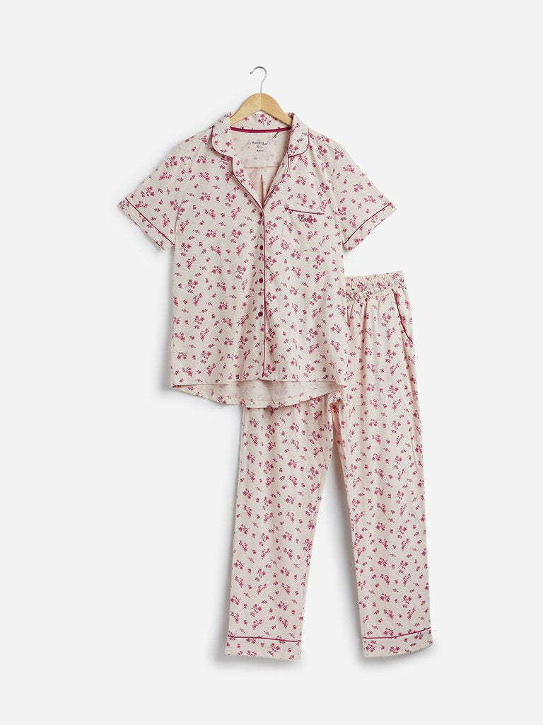 Wunderlove Oat Floral Shirt And Pyjama Set