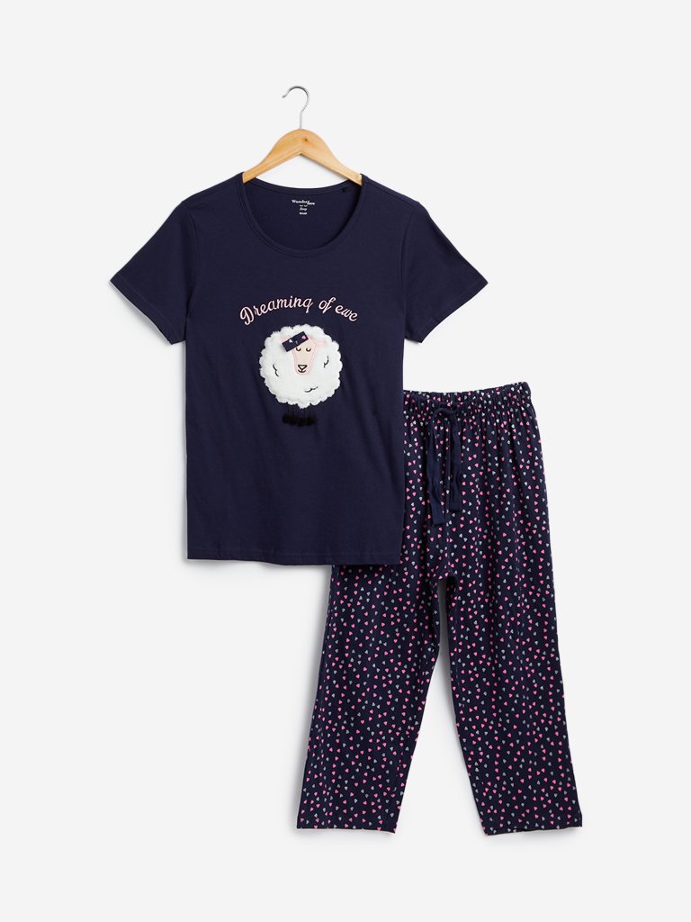Wunderlove Navy T-Shirt And Pyjamas Set
