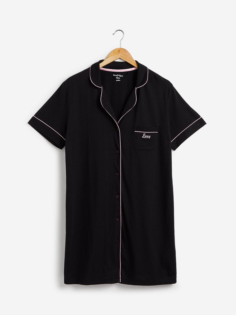 Wunderlove Black Shirt-Styled Nightdress