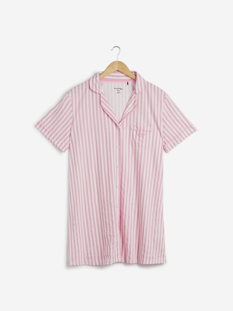 Wunderlove Pink Striped Cotton Night Shirt