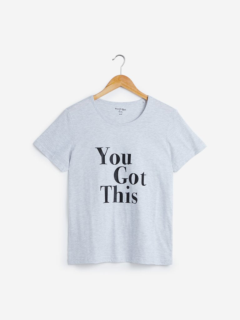 Wunderlove Grey Melange Text Design T-Shirt